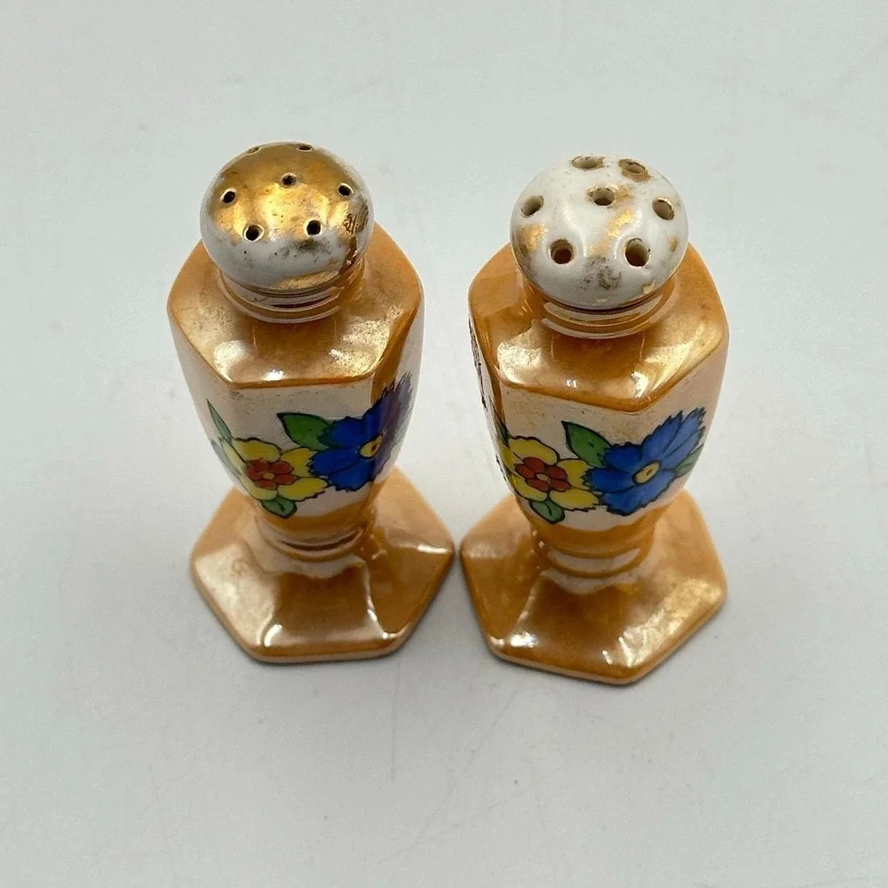 Orange Lusterware Salt Pepper Shakers Painted Flowers‎ Trim Gold made Japan